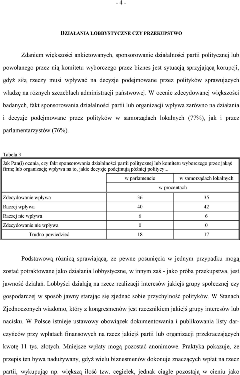 W ocenie zdecydowanej większości badanych, fakt sponsorowania działalności partii lub organizacji wpływa zarówno na działania i decyzje podejmowane przez polityków w samorządach lokalnych (77%), jak