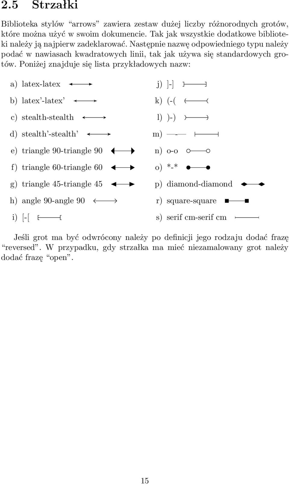 Poniżej znajduje się lista przykładowych nazw: a) latex-latex b) latex -latex c) stealth-stealth d) stealth -stealth e) triangle 90-triangle 90 f) triangle 60-triangle 60 g) triangle 45-triangle 45