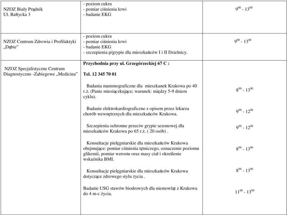 Dzielnicy. Przychodnia przy ul. Grzegórzeckiej 67 C : Tel. 12 345 70 01 Badania mammograficzne dla mieszkanek Krakowa po 40 r.ŝ. (Panie miesiączkujące; warunek: między 5-9 dniem cyklu).