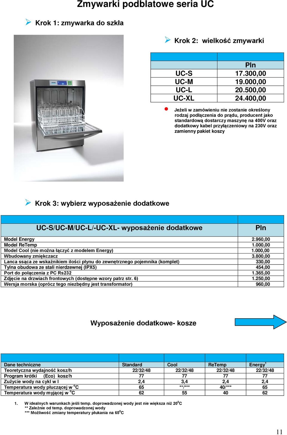 koszy Krok 3: wybierz wyposażenie dodatkowe UC-S/UC-M/UC-L/-UC-L- wyposażenie dodatkowe Pln Model Energy 2.960,00 Model ReTemp 1.000,00 Model Cool (nie można łączyć z modelem Energy) 1.