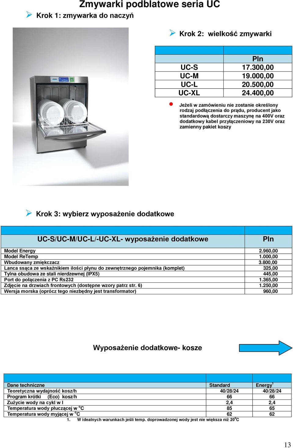 koszy Krok 3: wybierz wyposażenie dodatkowe UC-S/UC-M/UC-L/-UC-L- wyposażenie dodatkowe Pln Model Energy 2.960,00 Model ReTemp 1.000,00 Wbudowany zmiękczacz 3.