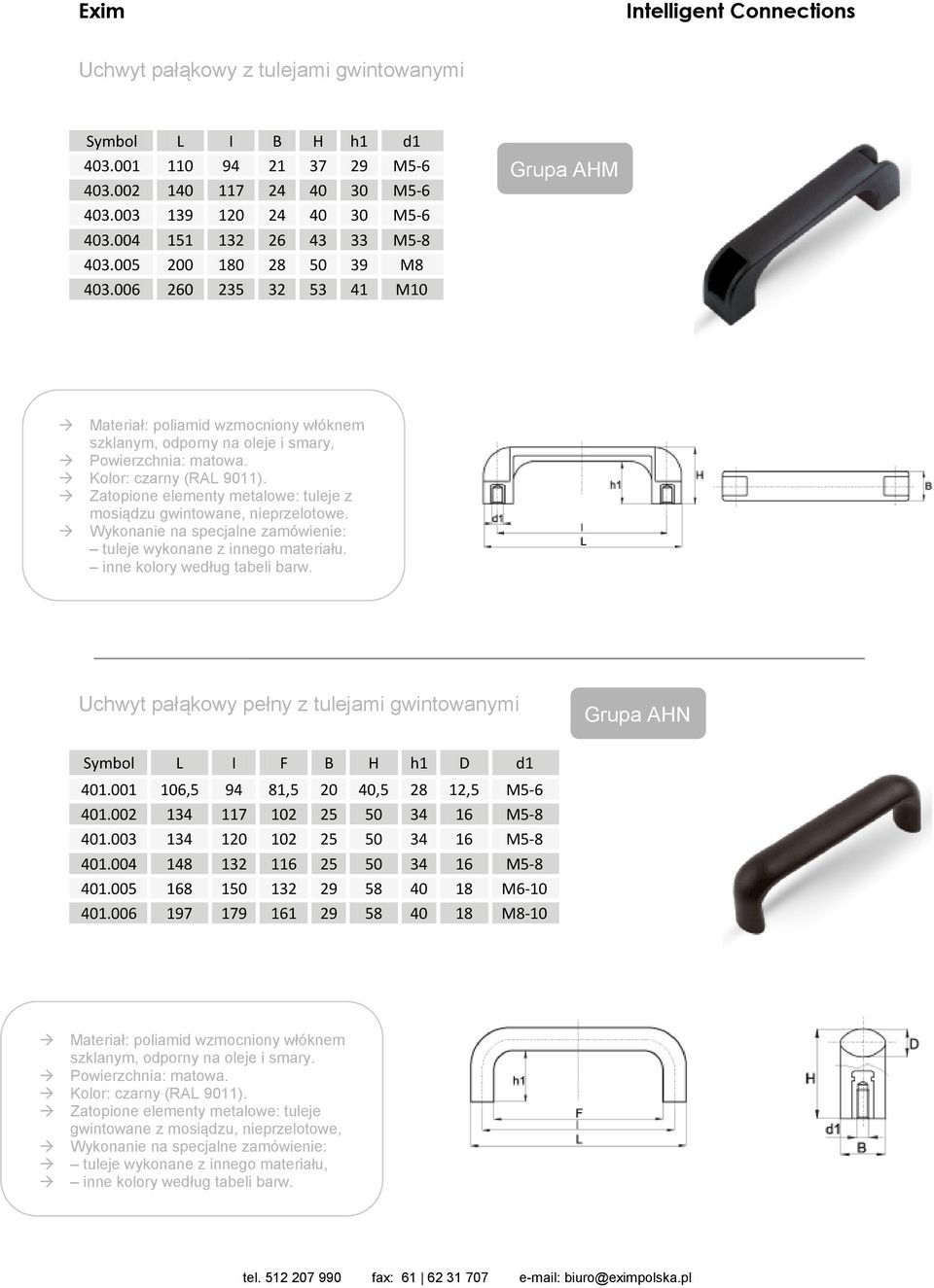 tuleje wykonane z innego materiału. Uchwyt pałąkowy pełny z tulejami gwintowanymi Grupa AHN Symbol L I F B H h1 D d1 401.001 106,5 94 81,5 20 40,5 28 12,5 M5-6 401.