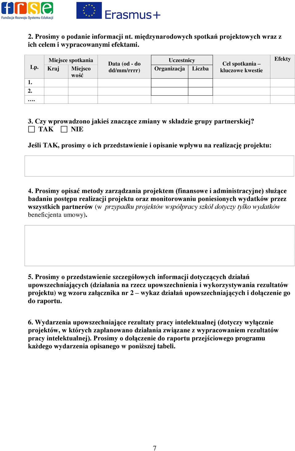 Czy wprowadzono jakieś znaczące zmiany w składzie grupy partnerskiej? TAK NIE Jeśli TAK, prosimy o ich przedstawienie i opisanie wpływu na realizację projektu: 4.