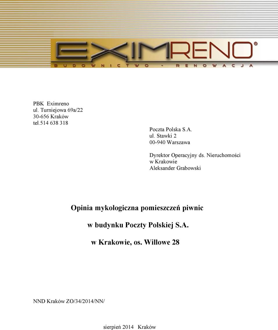 Nieruchomości w Krakowie Aleksander Grabowski Opinia mykologiczna pomieszczeń