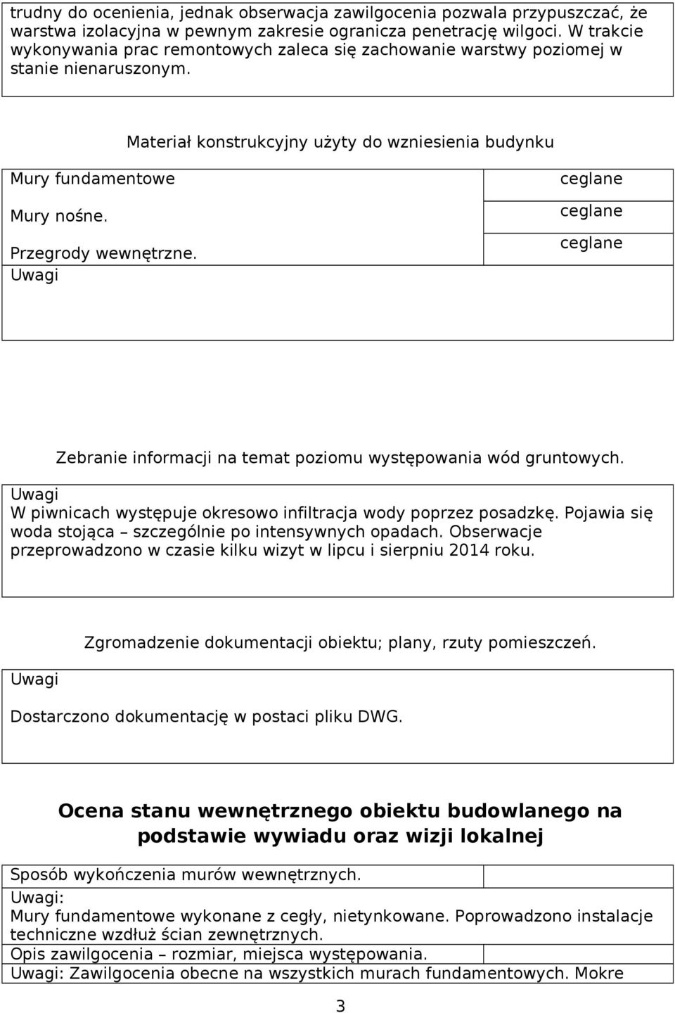 Przegrody wewnętrzne. Uwagi ceglane ceglane ceglane Zebranie informacji na temat poziomu występowania wód gruntowych. Uwagi W piwnicach występuje okresowo infiltracja wody poprzez posadzkę.