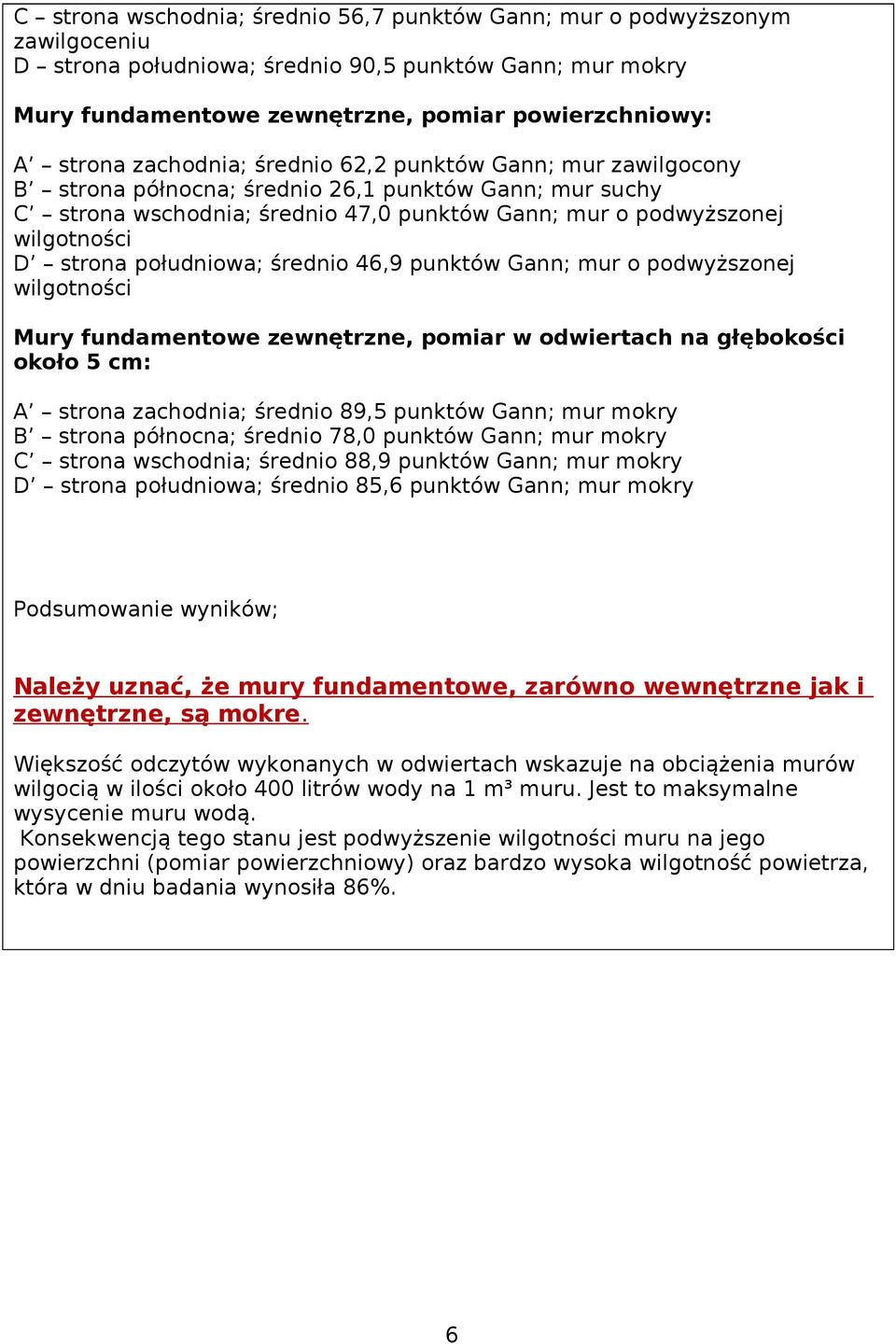 południowa; średnio 46,9 punktów Gann; mur o podwyższonej wilgotności Mury fundamentowe zewnętrzne, pomiar w odwiertach na głębokości około 5 cm: A strona zachodnia; średnio 89,5 punktów Gann; mur