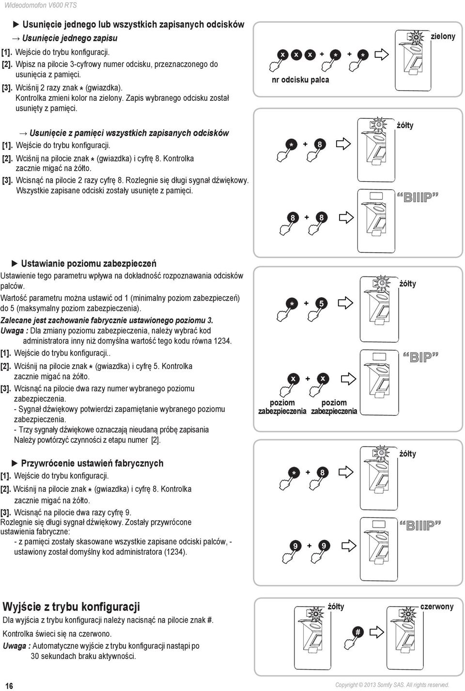 Zapis wybranego odcisku został usunięty z pamięci. x x x nr odcisku palca + * + * zielony v Usunięcie z pamięci wszystkich zapisanych odcisków [1]. Wejście do trybu konfiguracji. [2].