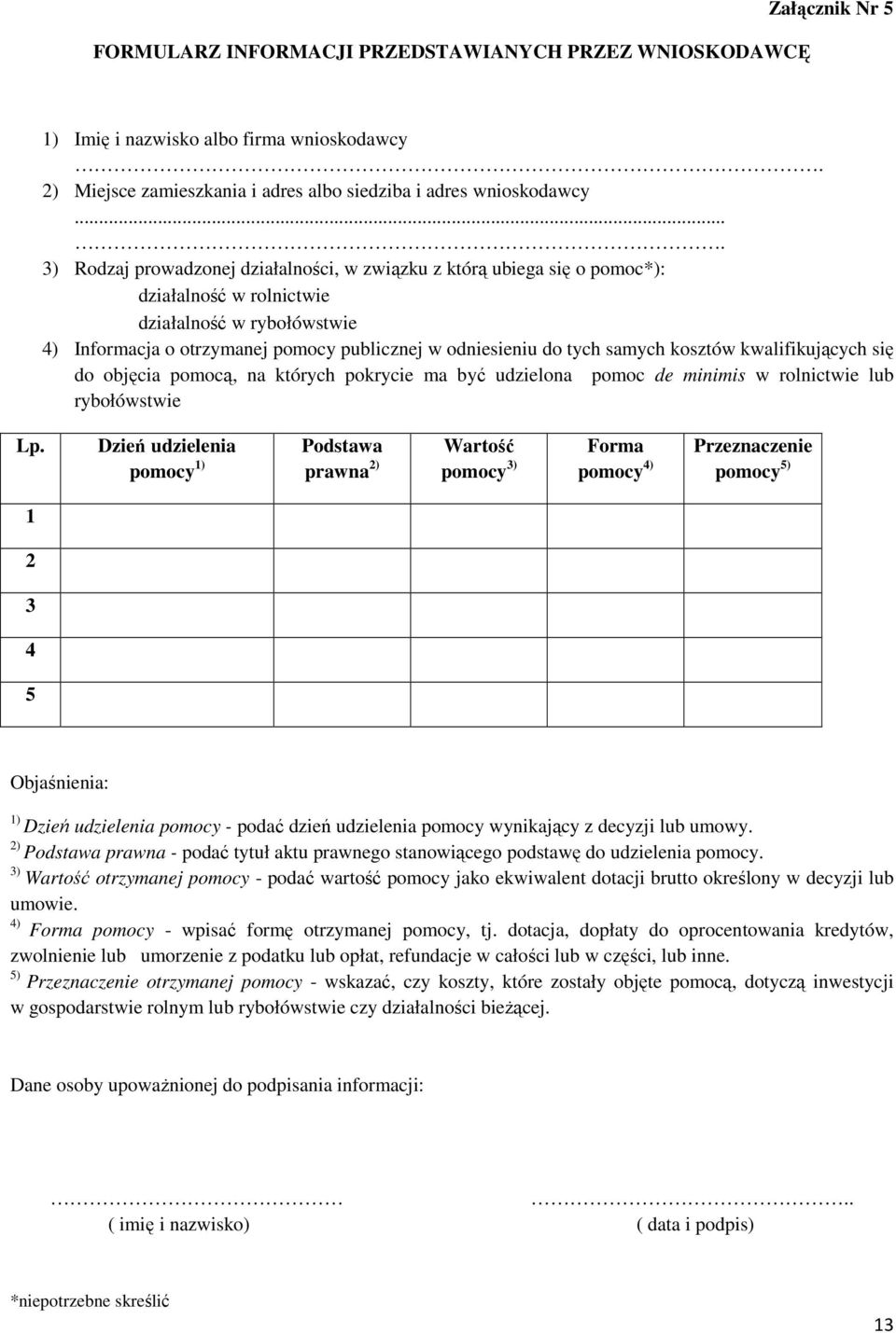 samych kosztów kwalifikujących się do objęcia pomocą, na których pokrycie ma być udzielona pomoc de minimis w rolnictwie lub rybołówstwie Lp.