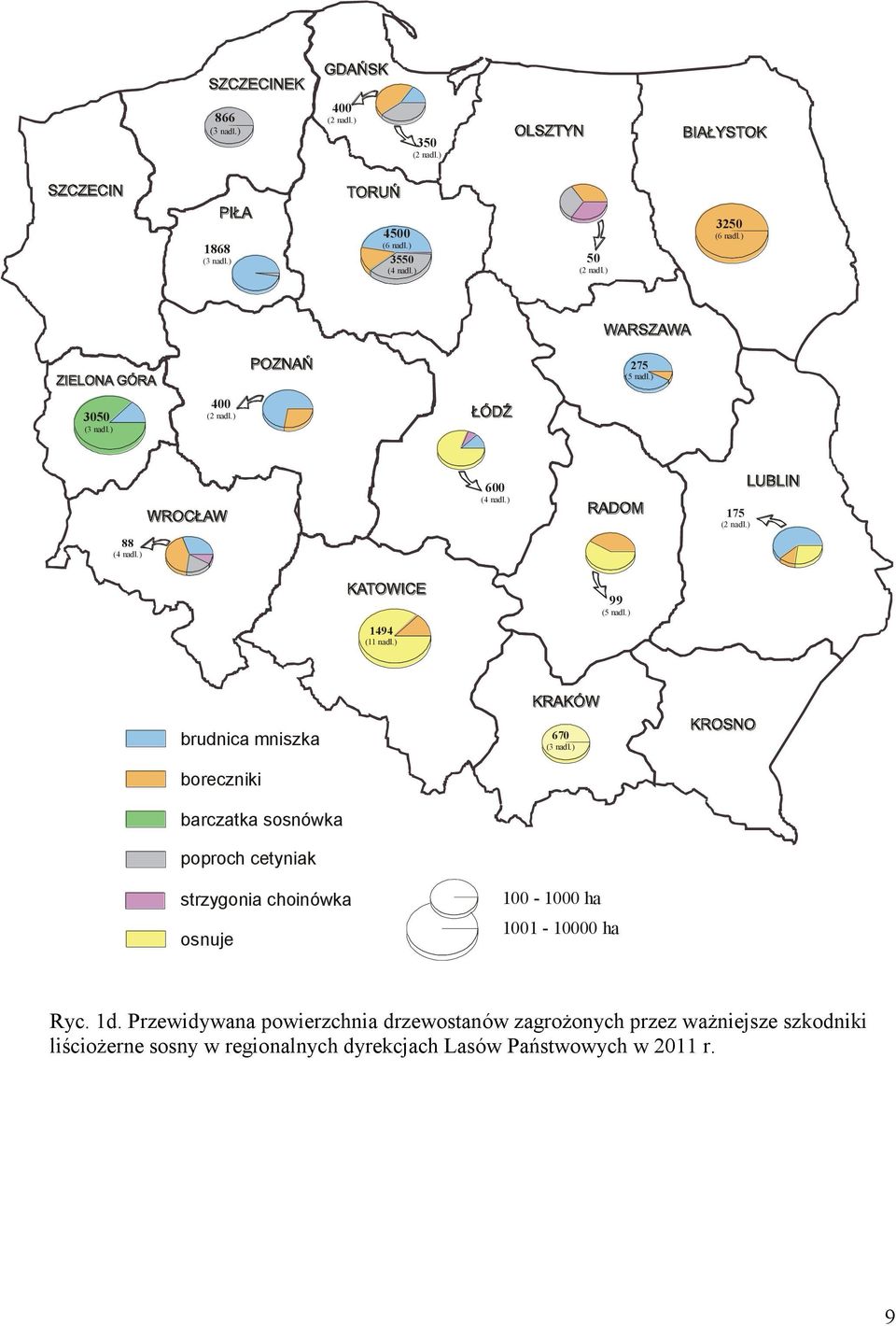 ) boreczniki barczatka sosnówka poproch cetyniak strzygonia choinówka osnuje 100-1000 ha 1001-10000 ha Ryc. 1d.