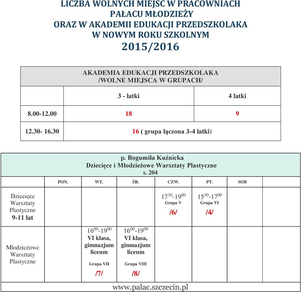 Bogumiła Kuźnicka Dziecięce i Młodzieżowe Plastyczne s. 204 PON. WT. ŚR. CZW. PT.