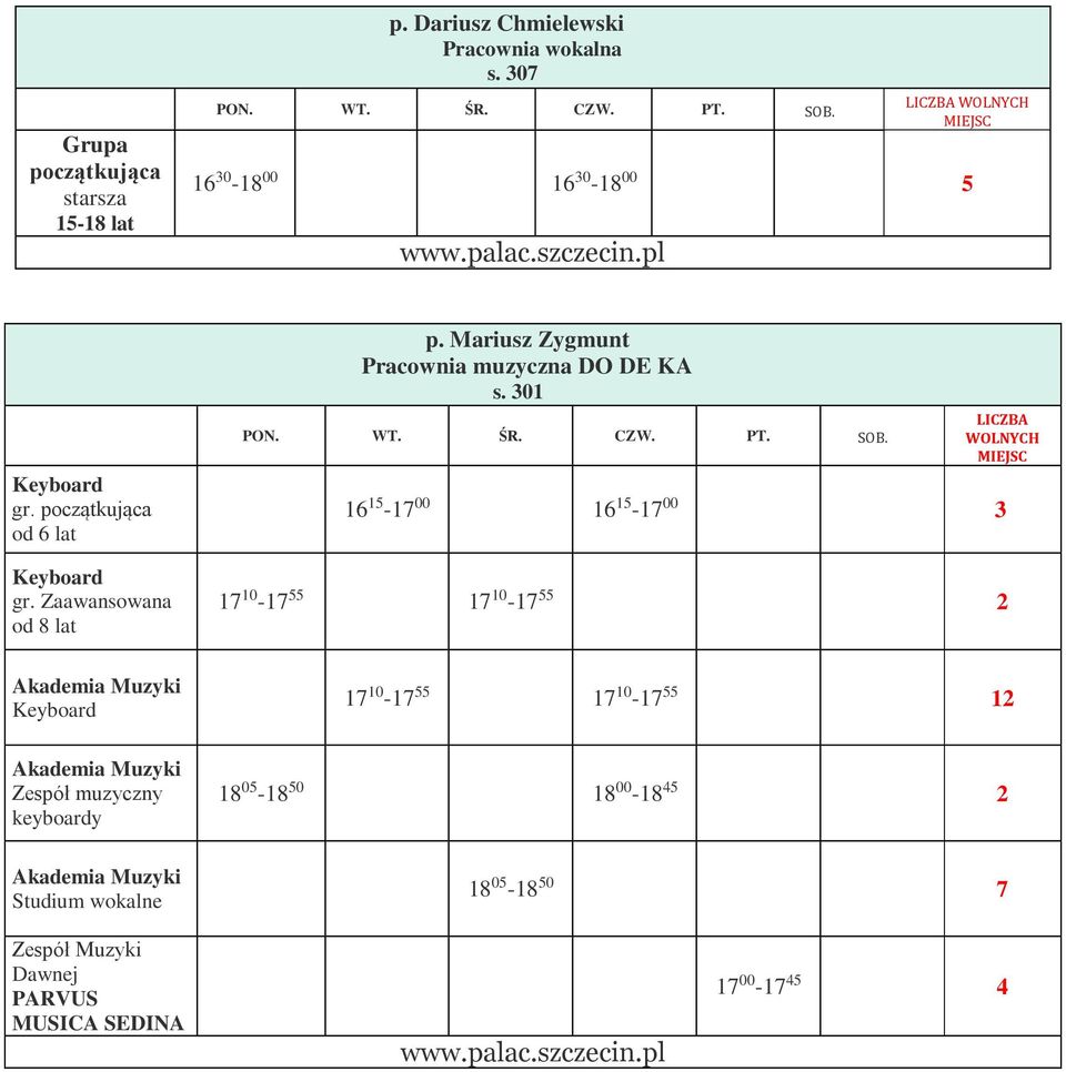 301 16 15-17 00 16 15-17 00 3 17 10-17 55 17 10-17 55 2 Akademia Muzyki Keyboard 17 10-17 55 17 10-17 55 12 Akademia Muzyki