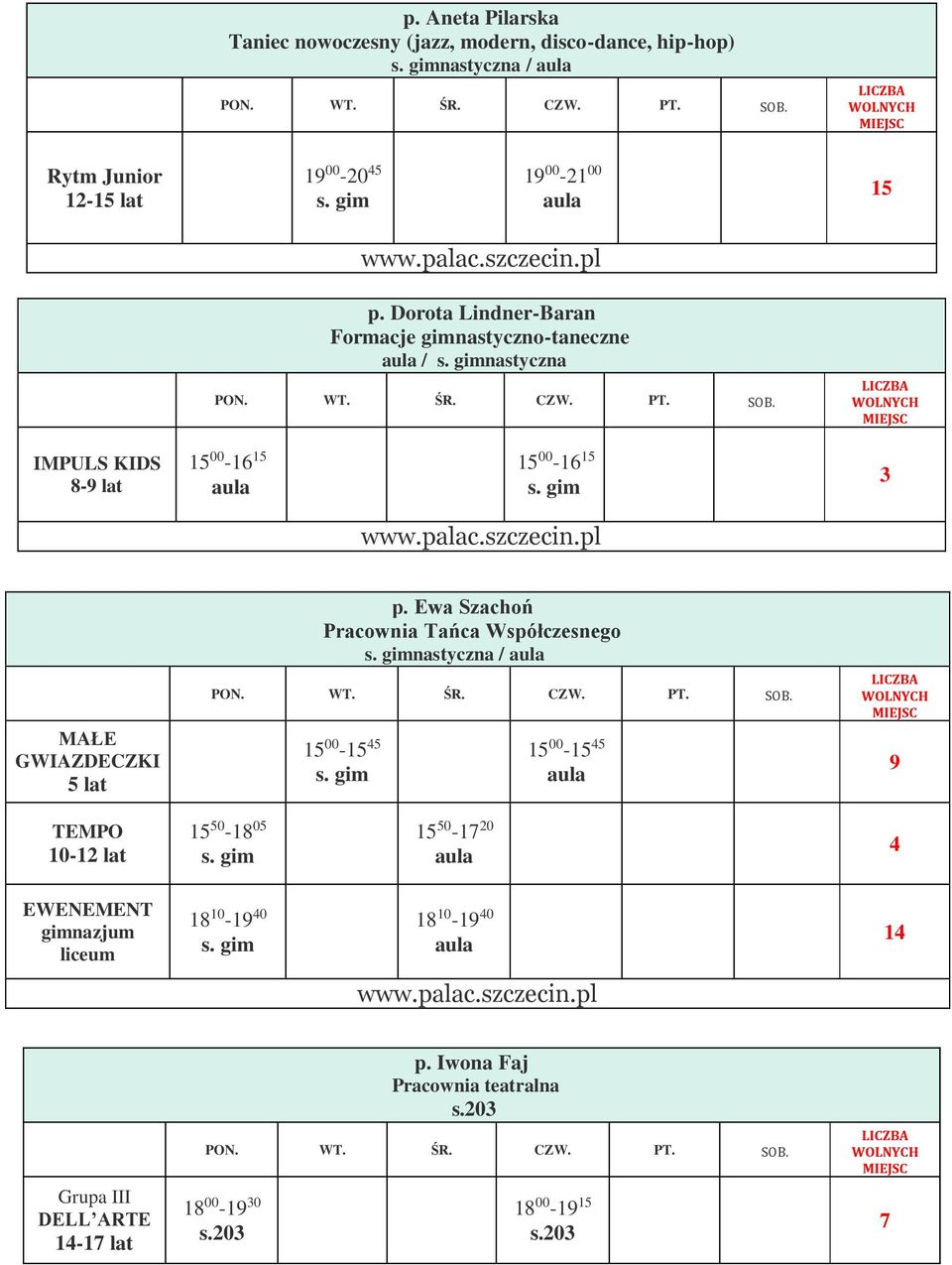 gim 3 MAŁE GWIAZDECZKI 5 lat TEMPO 10-12 lat p. Ewa Szachoń Pracownia Tańca Współczesnego s. gimnastyczna / 15 00-15 45 s.