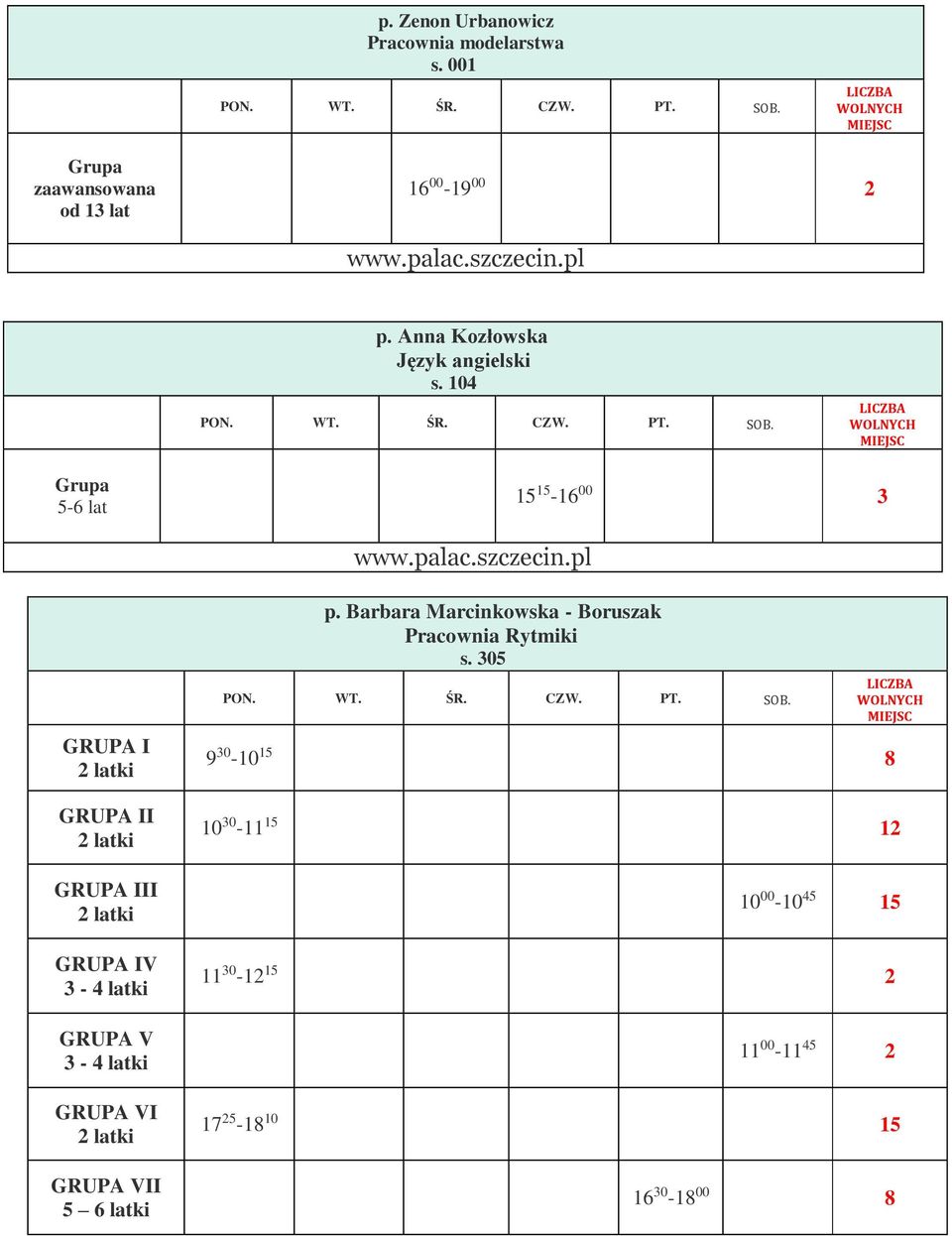 104 5-6 lat 15 15-16 00 3 GRUPA I 2 latki GRUPA II 2 latki GRUPA III 2 latki GRUPA IV 3-4 latki GRUPA V 3-4