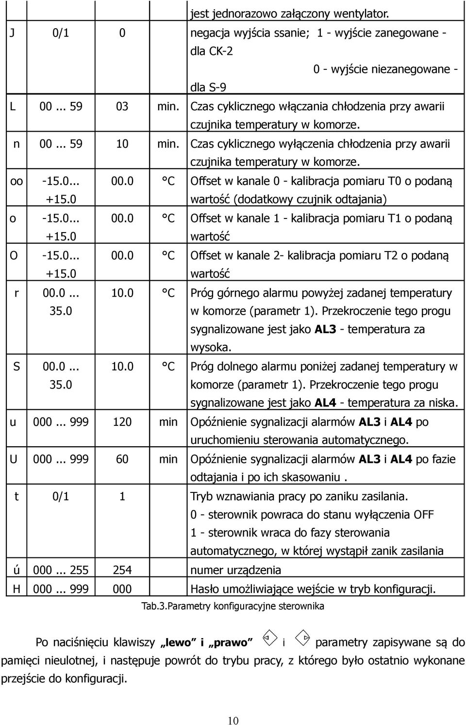 0 00.0 C Offset w kanale 0 - kalibracja pomiaru T0 o podaną wartość (dodatkowy czujnik odtajania) o -15.0... +15.0 00.0 C Offset w kanale 1 - kalibracja pomiaru T1 o podaną wartość O -15.0... +15.0 00.0 C Offset w kanale 2- kalibracja pomiaru T2 o podaną wartość r 00.