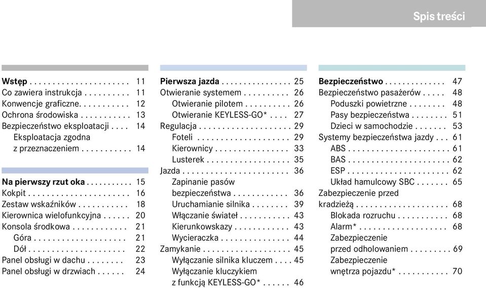 ..... 20 Konsola œrodkowa............ 21 Góra.................... 21 Dó³..................... 22 Panel obs³ugi w dachu........ 23 Panel obs³ugi w drzwiach...... 24 Pierwsza jazda.