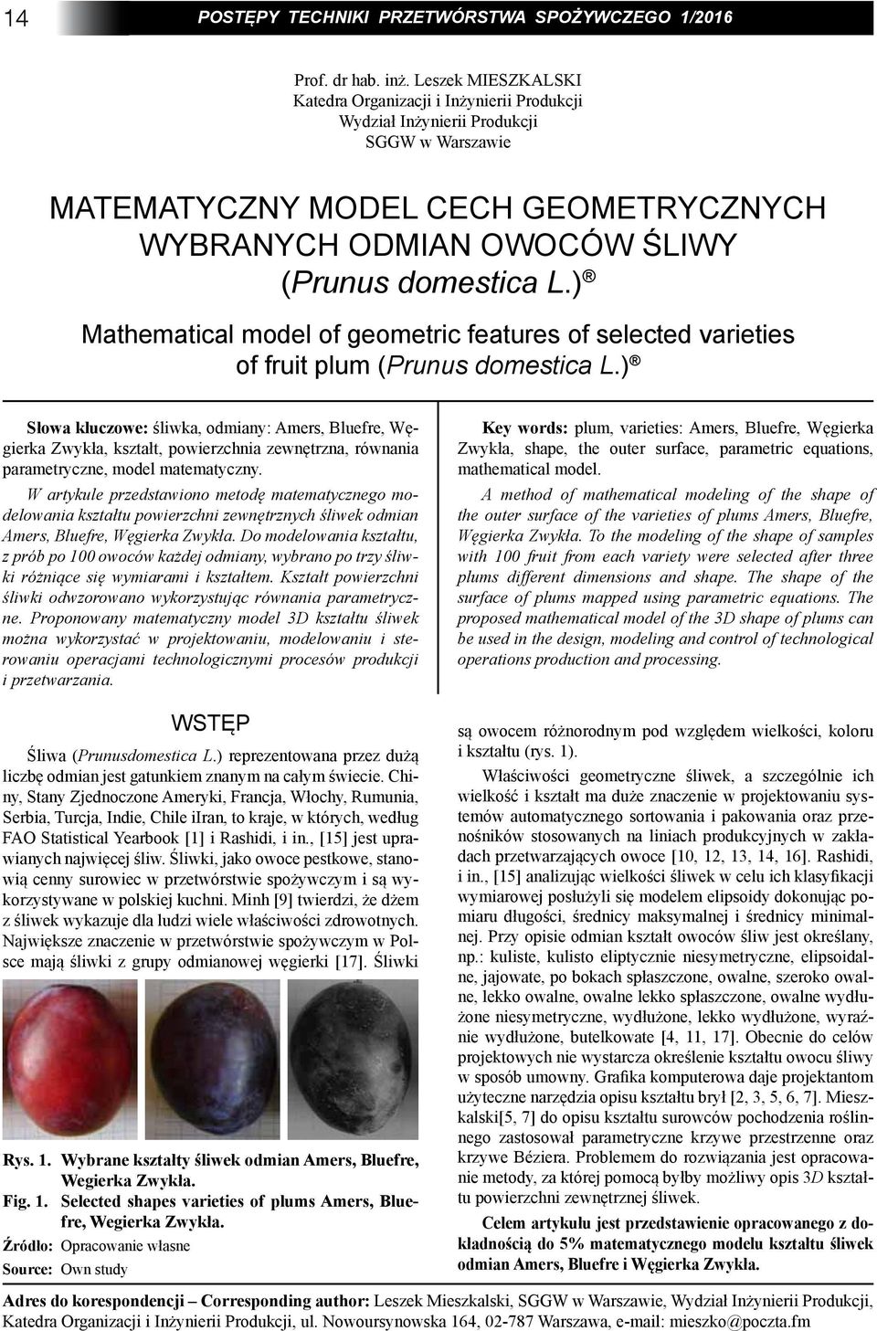) Mathematical model of geometric features of selected varieties of fruit plum (Prunus domestica L.