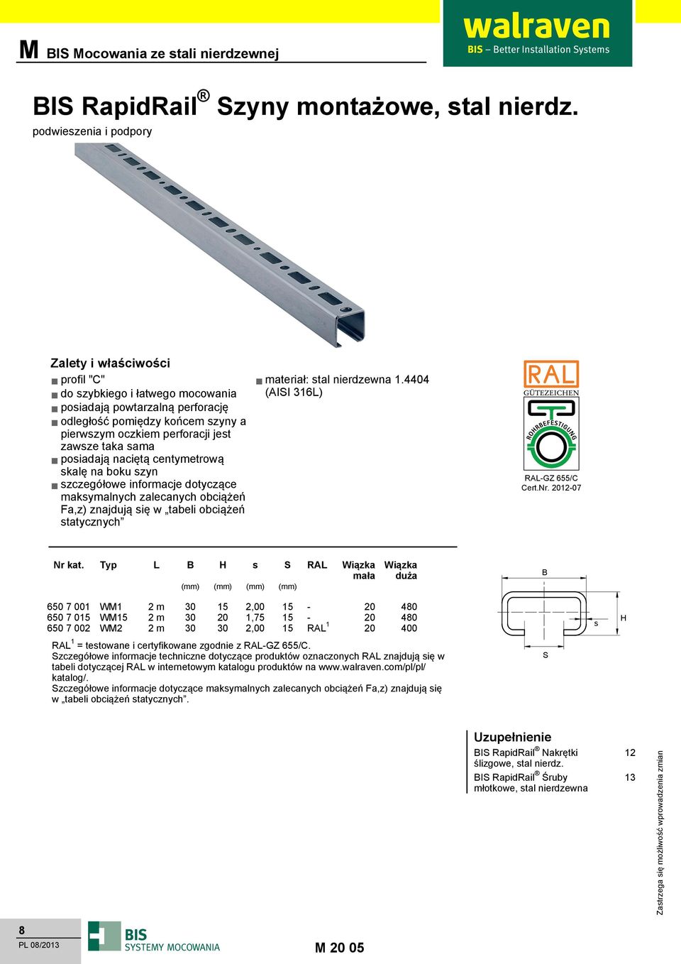 obciążeń statycznych materiał: stal nierdzewna 1.4404 (AISI 316L) RAL-GZ 655/C Cert.Nr. 2012-07 Nr kat.