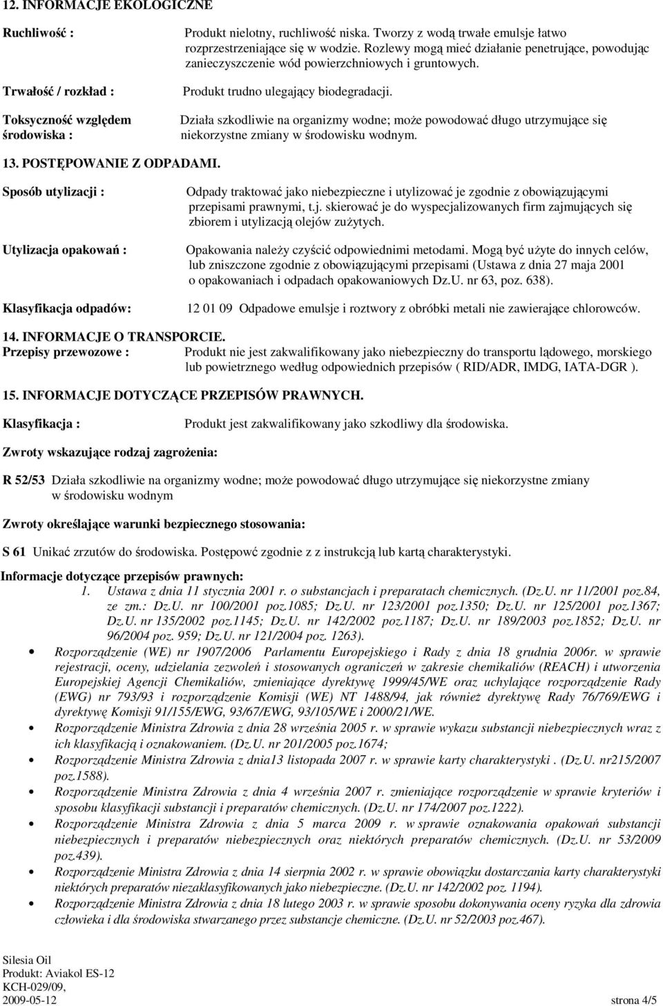 Działa szkodliwie na organizmy wodne; moŝe powodować długo utrzymujące się 13. POSTĘPOWANIE Z ODPADAMI.