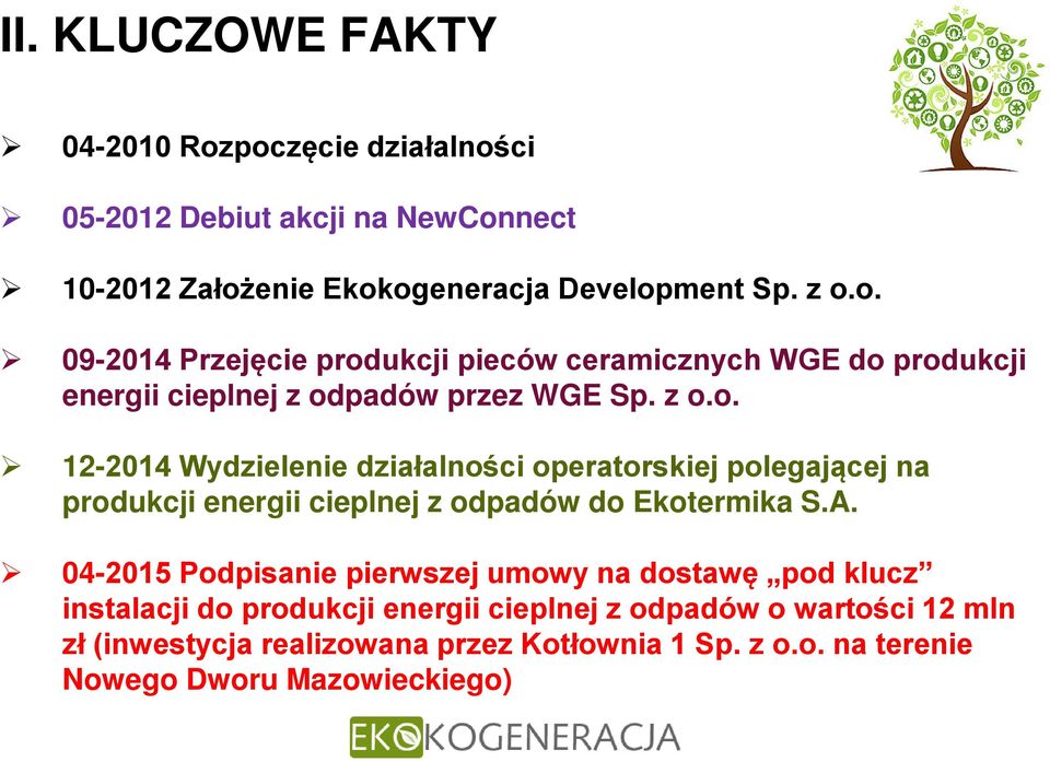 04-2015 Podpisanie pierwszej umowy na dostawę pod klucz instalacji do produkcji energii cieplnej z odpadów o wartości 12 mln zł (inwestycja