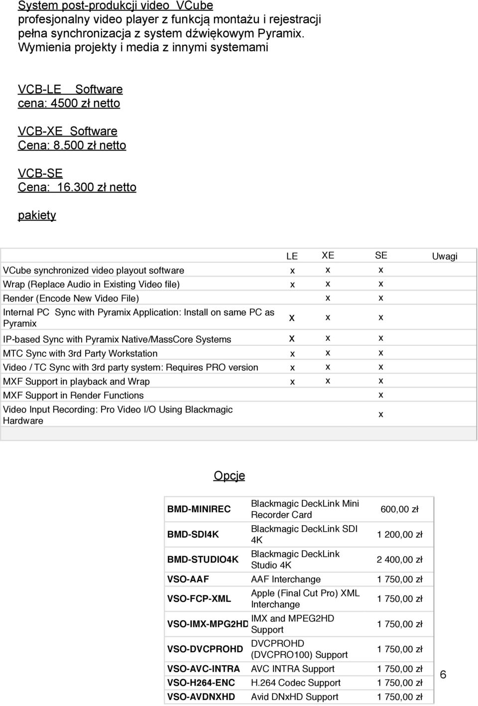 300 zł netto pakiety LE XE SE Uwagi VCube synchronized video playout software x x x Wrap (Replace Audio in Existing Video file) x x x Render (Encode New Video File) x x Internal PC Sync with Pyramix