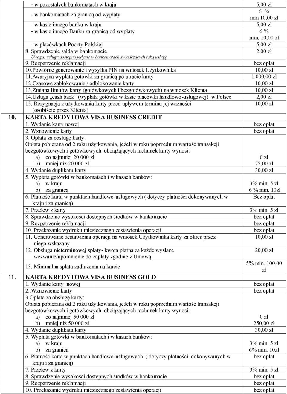 Awaryjna wypłata gotówki za granicą po utracie karty 1.000,00 zł 12.Czasowe zablokowanie / odblokowanie karty 13.Zmiana limitów karty (gotówkowych i bezgotówkowych) na wniosek Klienta 14.