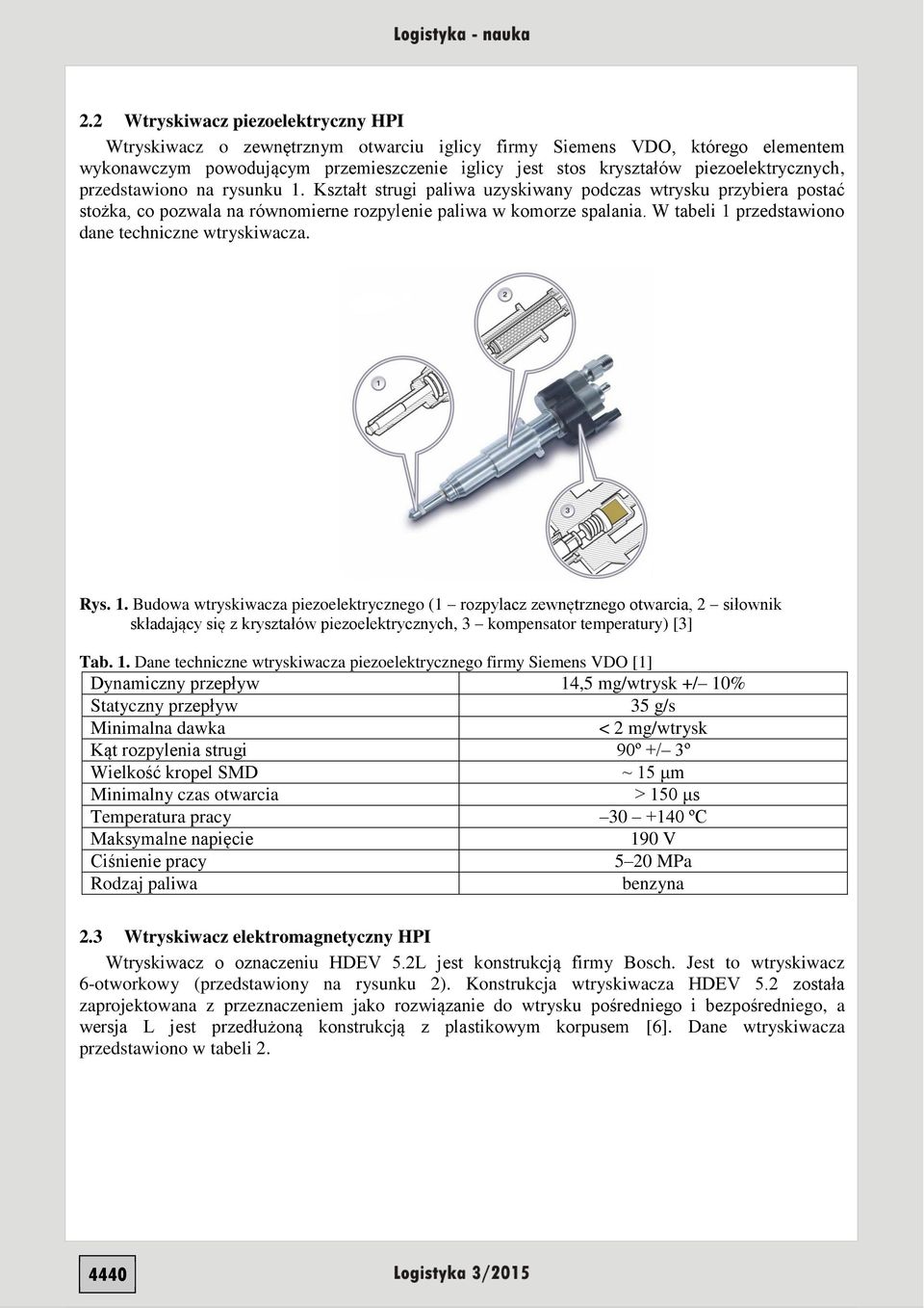 W tabeli 1 przedstawiono dane techniczne wtryskiwacza. Rys. 1. Budowa wtryskiwacza piezoelektrycznego (1 rozpylacz zewnętrznego otwarcia, 2 siłownik składający się z kryształów piezoelektrycznych, 3 kompensator temperatury) [3] Tab.