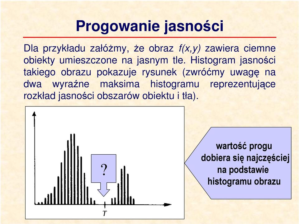 Histogram jasności takiego obrazu pokazuje rysunek (zwróćmy uwagę na dwa wyraźne