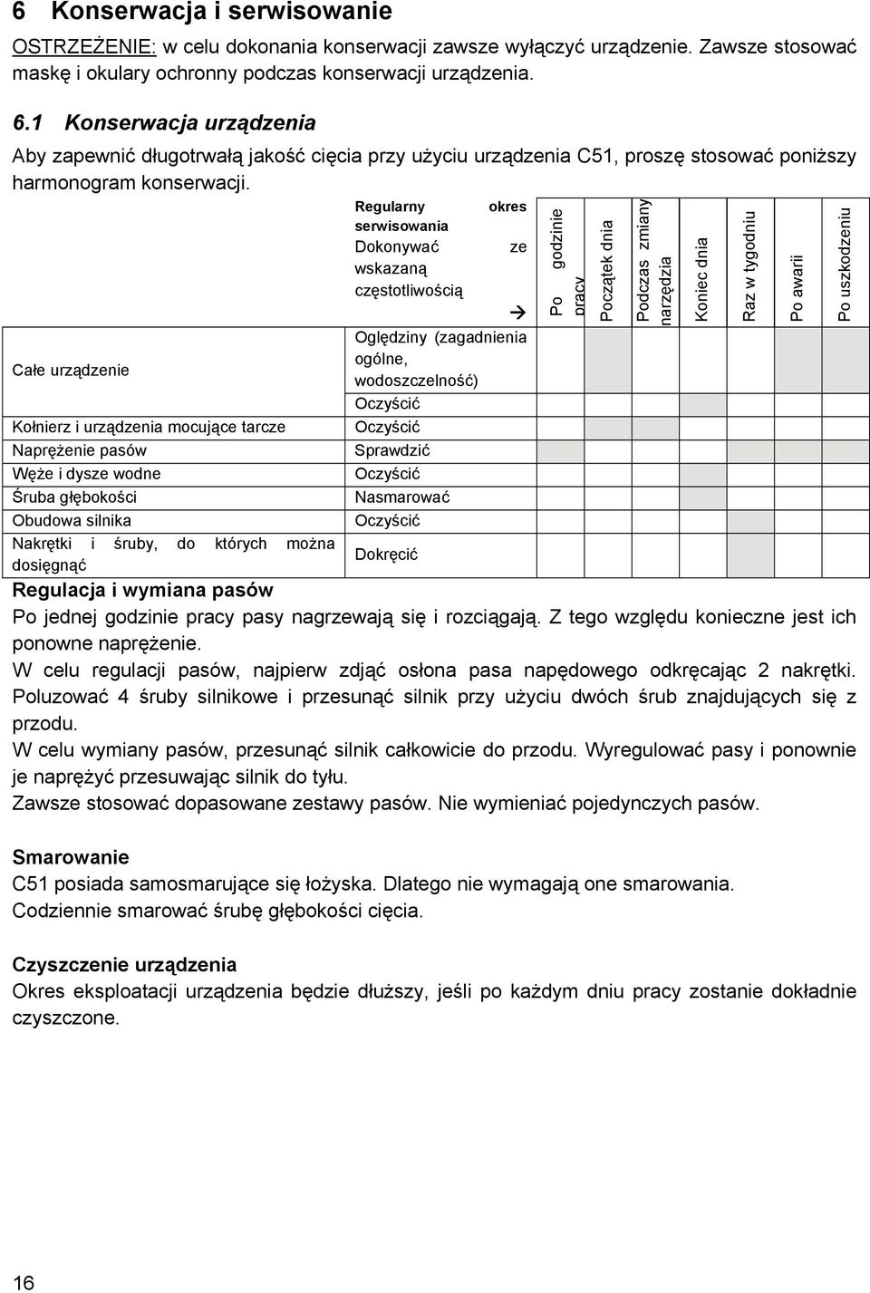Całe urządzenie Regularny serwisowania Dokonywać wskazaną częstotliwością okres ze Oględziny (zagadnienia ogólne, wodoszczelność) Oczyścić Oczyścić Sprawdzić Oczyścić Nasmarować Oczyścić Po godzinie