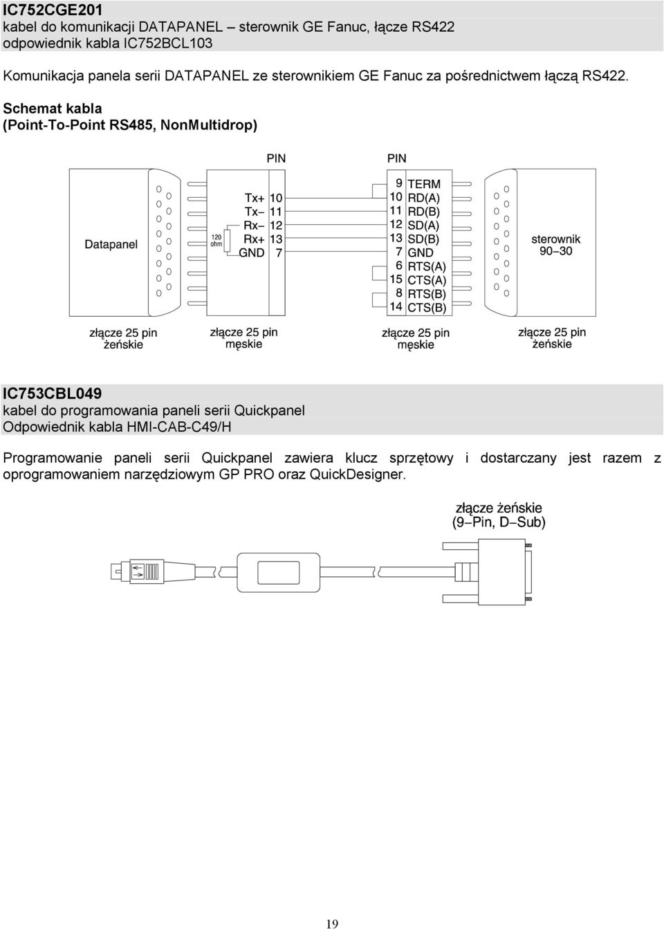 (Point-To-Point RS485, NonMultidrop) IC753CBL049 kabel do programowania paneli serii Quickpanel Odpowiednik kabla