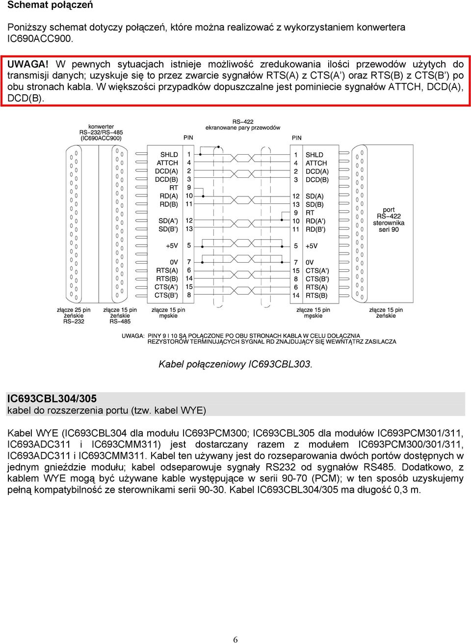 W większości przypadków dopuszczalne jest pominiecie sygnałów ATTCH, DCD(A), DCD(B). Kabel połączeniowy IC693CBL303. IC693CBL304/305 kabel do rozszerzenia portu (tzw.