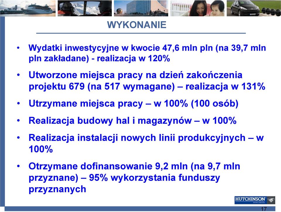 miejsca pracy w 100% (100 osób) Realizacja budowy hal i magazynów w 100% Realizacja instalacji nowych linii