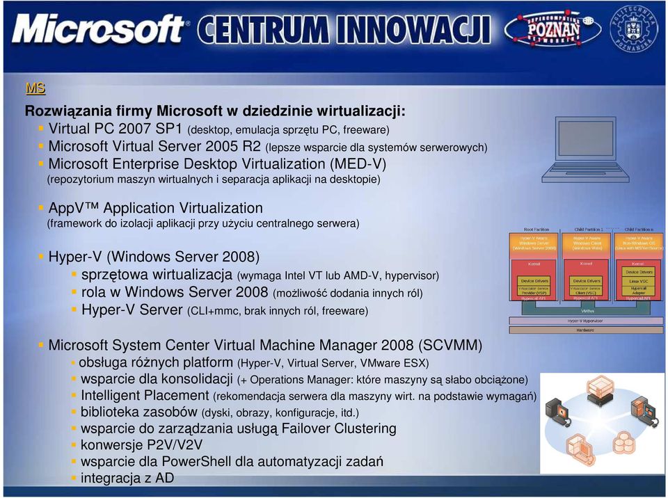 centralnego serwera) Hyper-V (Windows Server 2008) sprzętowa wirtualizacja (wymaga Intel VT lub AMD-V, hypervisor) rola w Windows Server 2008 (moŝliwość dodania innych ról) Hyper-V Server (CLI+mmc,