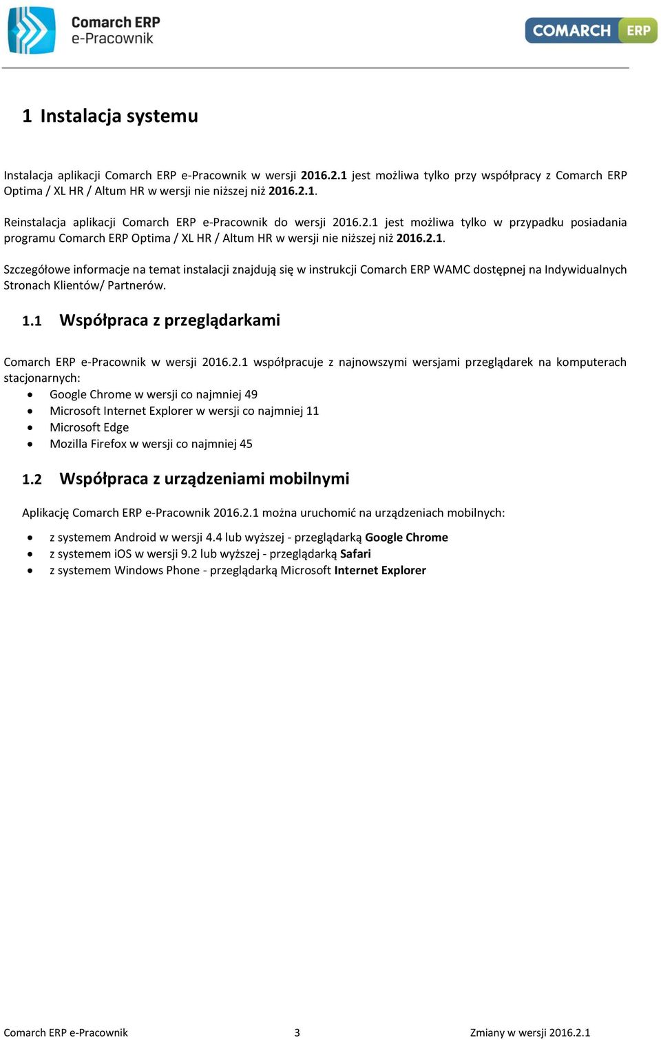 1.1 Współpraca z przeglądarkami Comarch ERP e-pracownik w wersji 20