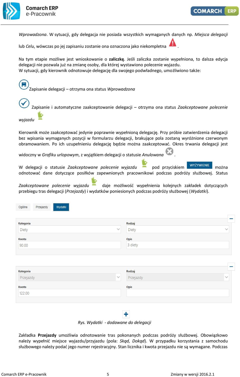 W sytuacji, gdy kierownik odnotowuje delegację dla swojego podwładnego, umożliwiono także: Zapisanie delegacji otrzyma ona status Wprowadzona wyjazdu Zapisanie i automatyczne zaakceptowanie delegacji
