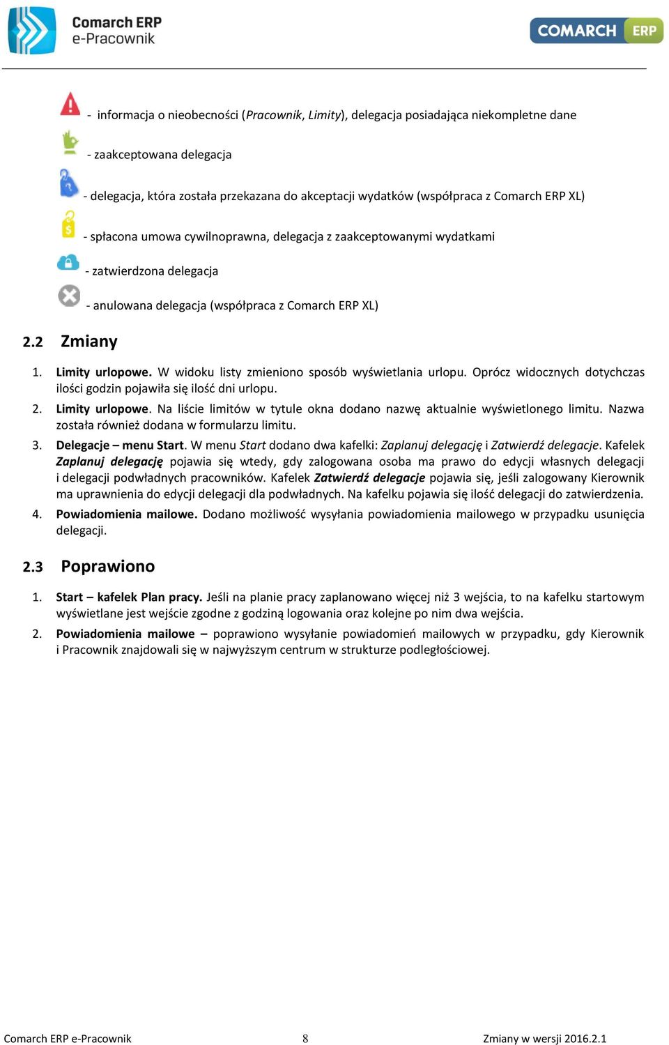 W widoku listy zmieniono sposób wyświetlania urlopu. Oprócz widocznych dotychczas ilości godzin pojawiła się ilość dni urlopu. 2. Limity urlopowe.