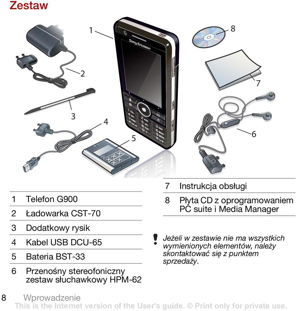 7 Instrukcja obsługi 8 Płyta CD z oprogramowaniem PC suite i Media Manager Jeżeli w