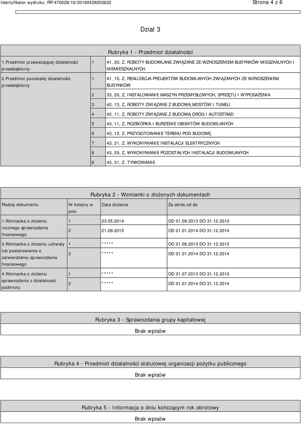 WZNOSZEM BUDYNKÓW 2 33, 20, Z, INSTALOWA MASZYN PRZEMYSŁOWYCH, SPRZĘTU I WYPOSAŻENIA 3 42, 13, Z, ROBOTY ZWIĄZANE Z BUDOWĄ MOSTÓW I TUNELI 4 42, 11, Z, ROBOTY ZWIĄZANE Z BUDOWĄ DRÓG I AUTOSTRAD 5 43,