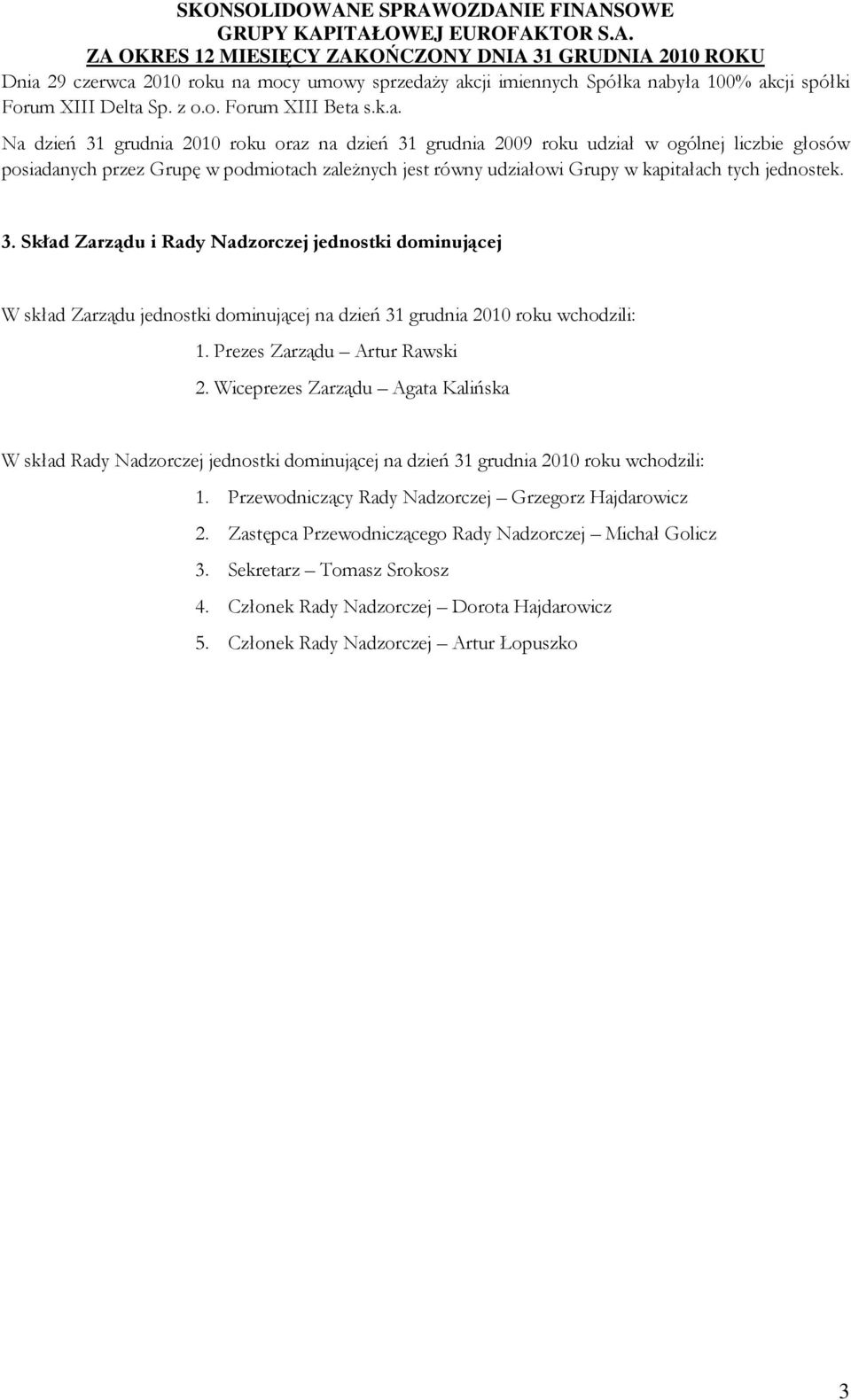 Wiceprezes Zarządu Agata Kalińska W skład Rady Nadzorczej jednostki dominującej na dzień 2010 roku wchodzili: 1. Przewodniczący Rady Nadzorczej Grzegorz Hajdarowicz 2.
