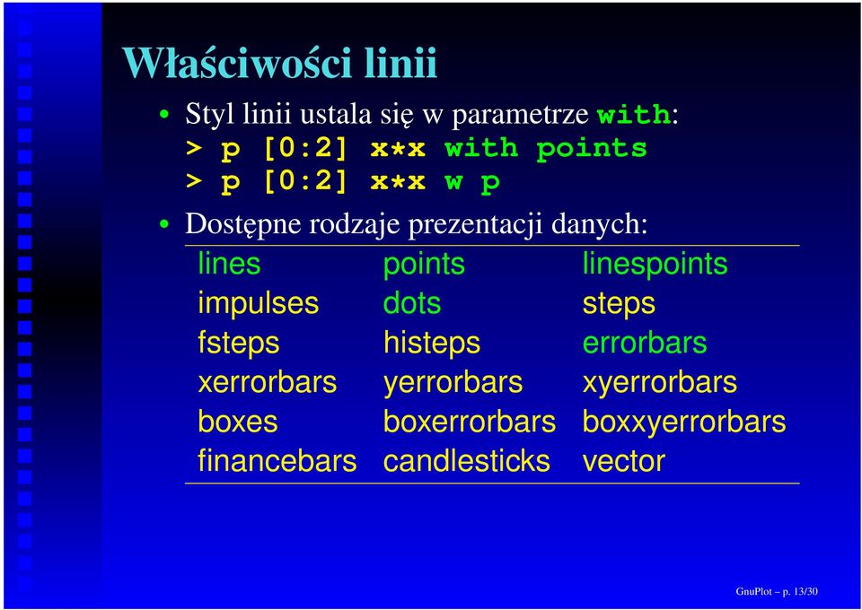 linespoints impulses dots steps fsteps histeps errorbars xerrorbars yerrorbars