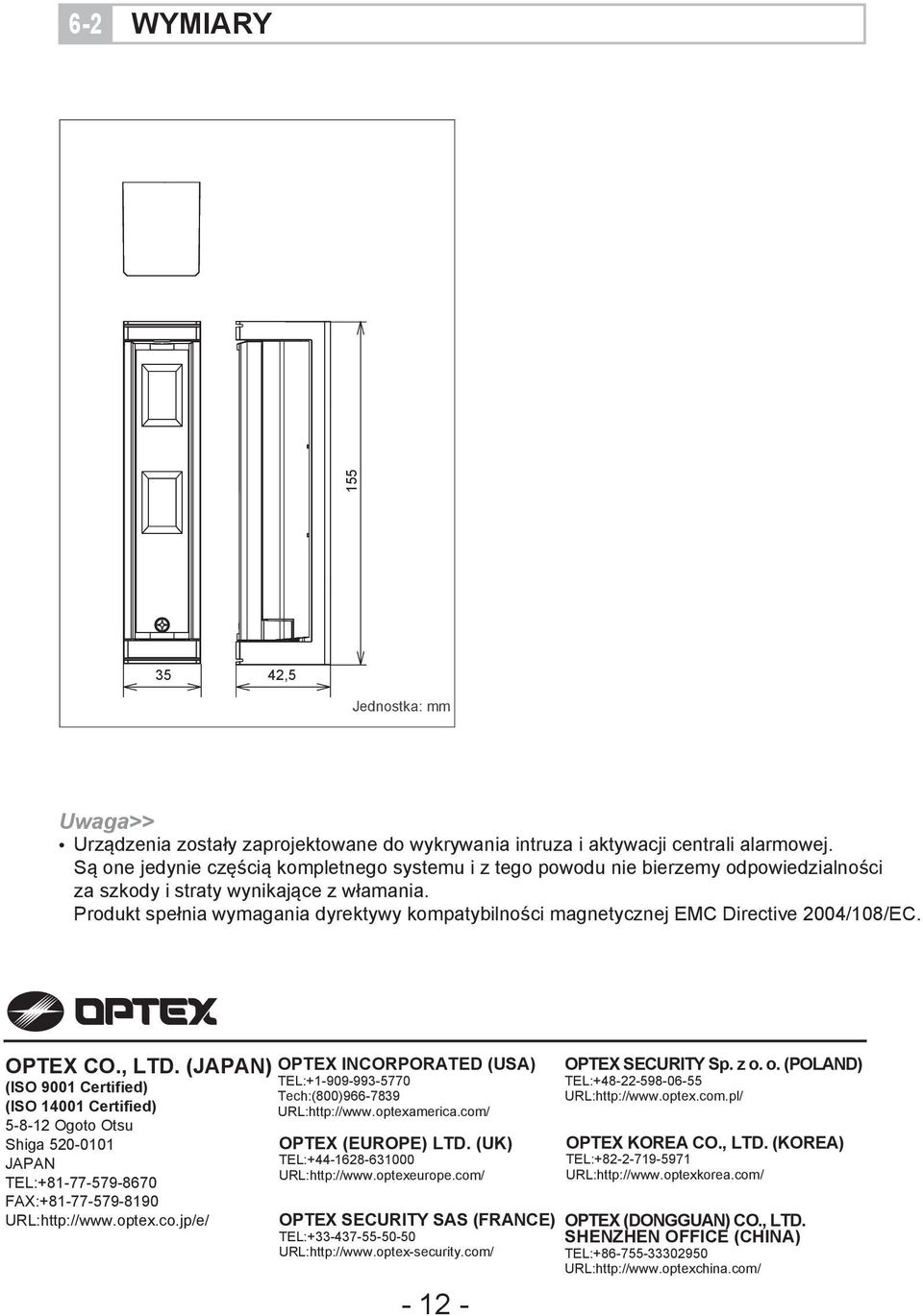 Produkt spełnia wymagania dyrektywy kompatybilności magnetycznej EMC Directive 2004/108/EC. OPTEX CO., LTD.