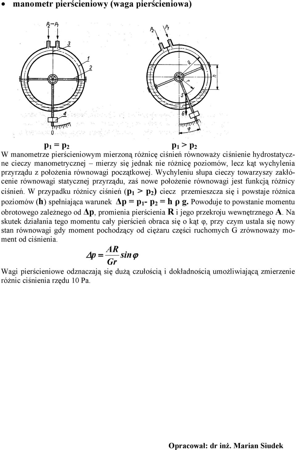 Wychyleniu słupa cieczy towarzyszy zakłócenie równowagi statycznej przyrządu, zaś nowe położenie równowagi jest funkcją różnicy ciśnień.