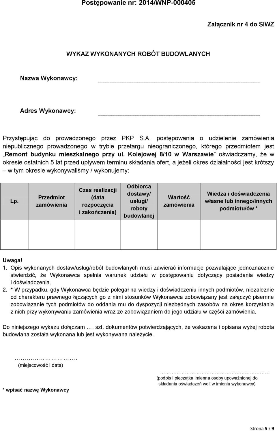 Przedmiot zamówienia Czas realizacji (data rozpoczęcia i zakończenia) Odbiorca dostawy/ usługi/ roboty budowlanej Wartość zamówienia Wiedza i doświadczenia własne lub innego/innych podmiotu/ów *