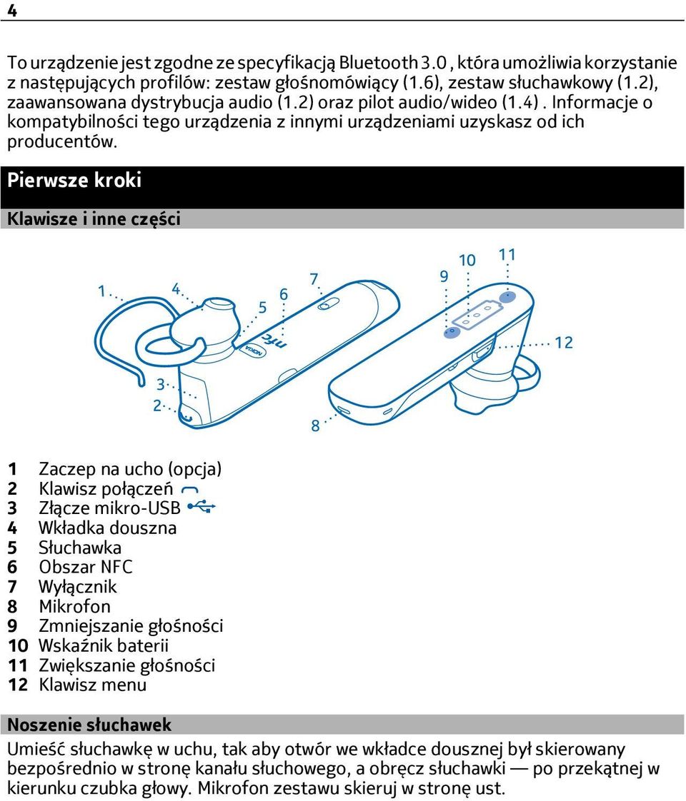 Pierwsze kroki Klawisze i inne części 1 Zaczep na ucho (opcja) 2 Klawisz połączeń 3 Złącze mikro-usb 4 Wkładka douszna 5 Słuchawka 6 Obszar NFC 7 Wyłącznik 8 Mikrofon 9 Zmniejszanie głośności 10