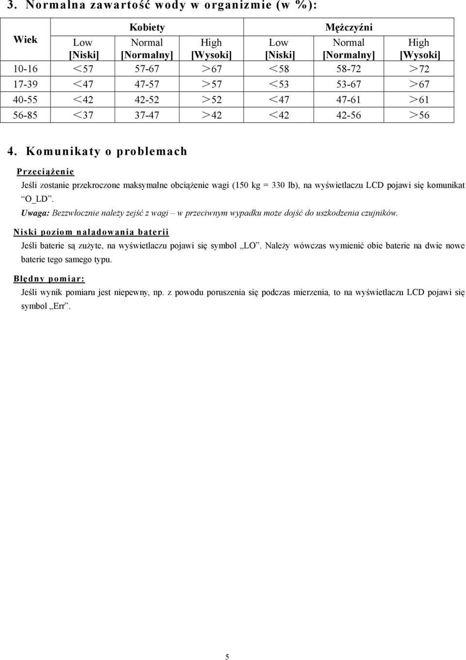 Komunikaty o problemach Przeciążenie Jeśli zostanie przekroczone maksymalne obciążenie wagi (150 = 330 lb), na wyświetlaczu LCD pojawi się komunikat O_LD.