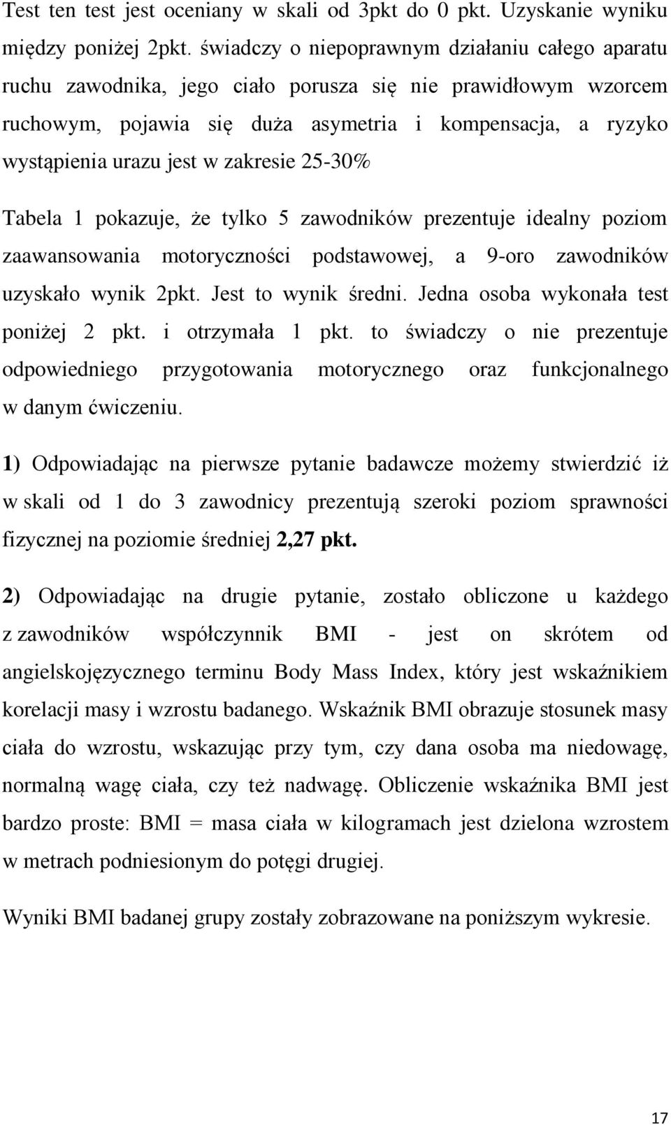 zakresie 25-30% Tabela 1 pokazuje, że tylko 5 zawodników prezentuje idealny poziom zaawansowania motoryczności podstawowej, a 9-oro zawodników uzyskało wynik 2pkt. Jest to wynik średni.