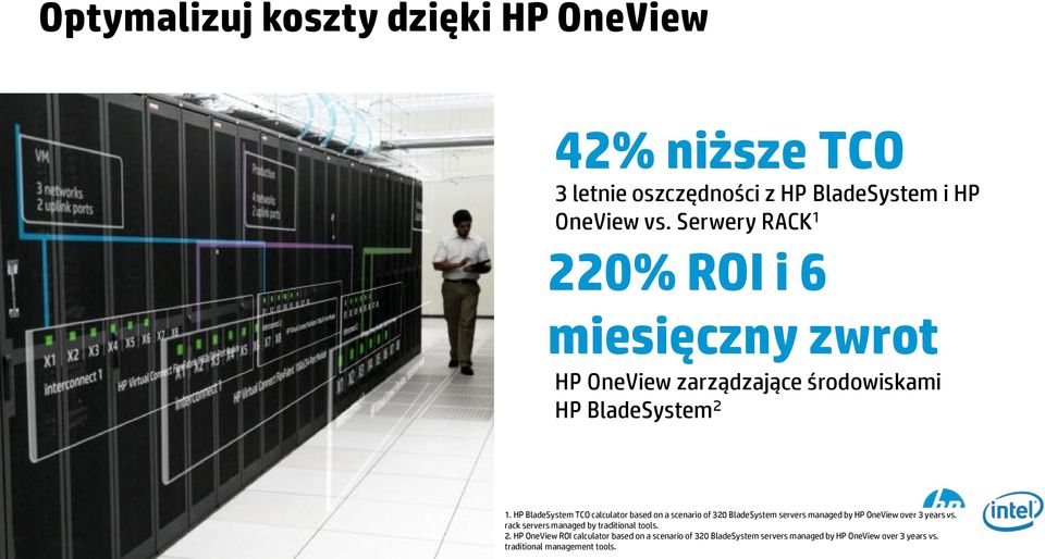 HP BladeSystem TCO calculator based on a scenario of 320 BladeSystem servers managed by HP OneView over 3 years vs.