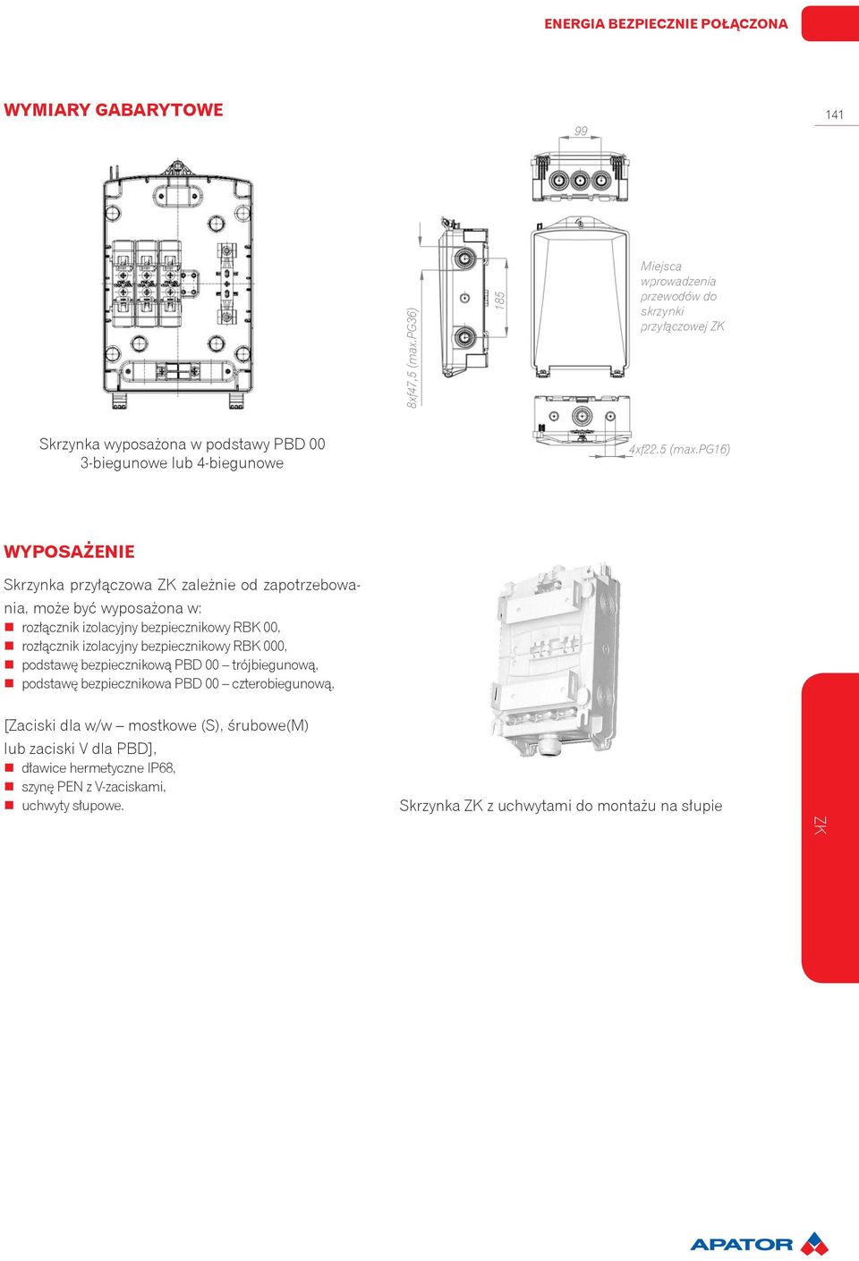 pg16) WYPOSAŻENIE Skrzynka przyłączowa zależnie od zapotrzebowania, może być wyposażona w: rozłącznik izolacyjny bezpiecznikowy RBK 00, rozłącznik izolacyjny