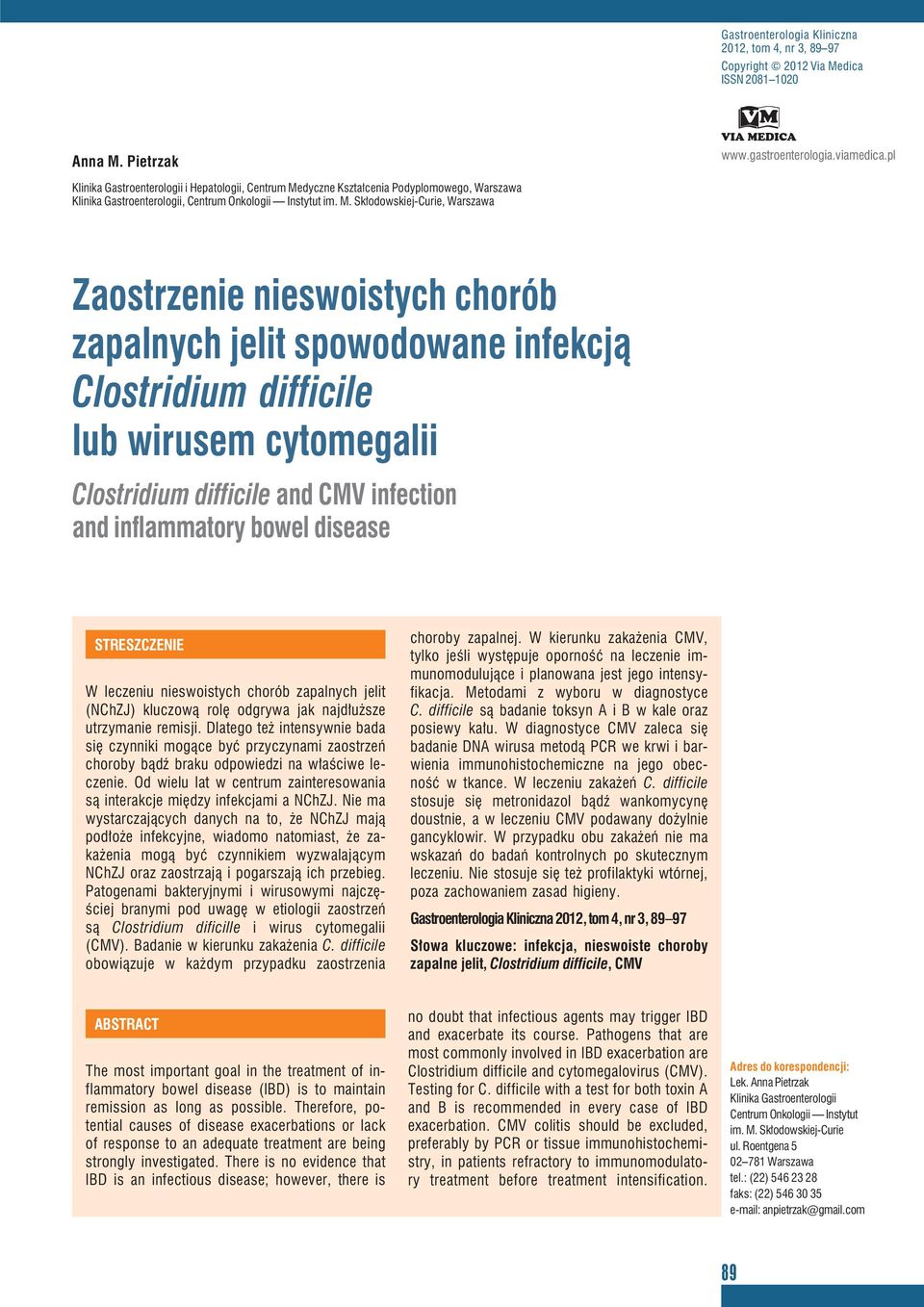 dyczne Kształcenia Podyplomowego, Warszawa Klinika Gastroenterologii, Centrum Onkologii Instytut im. M.