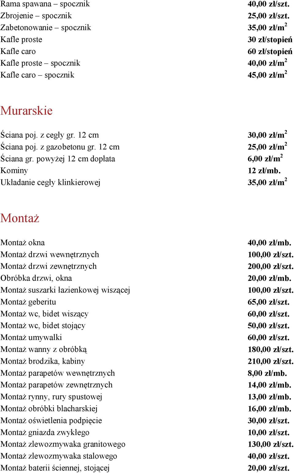 z cegły gr. 12 cm 30,00 zł/m 2 Ściana poj. z gazobetonu gr. 12 cm 25,00 zł/m 2 Ściana gr. powyżej 12 cm dopłata 6,00 zł/m 2 Kominy 12 zł/mb.