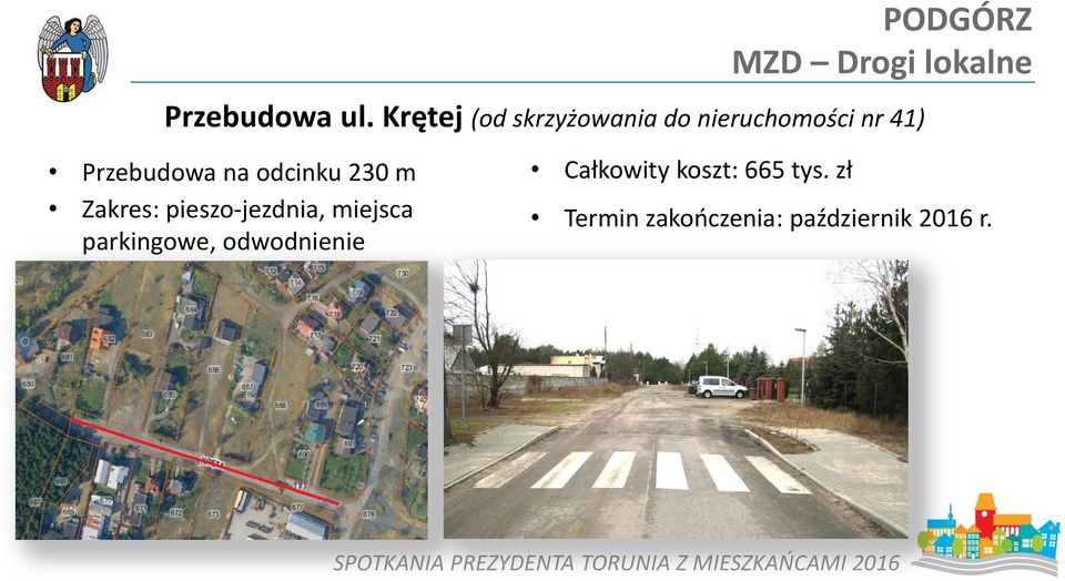 na odcinku 230 m Zakres: pieszo-jezdnia, miejsca parkingowe,